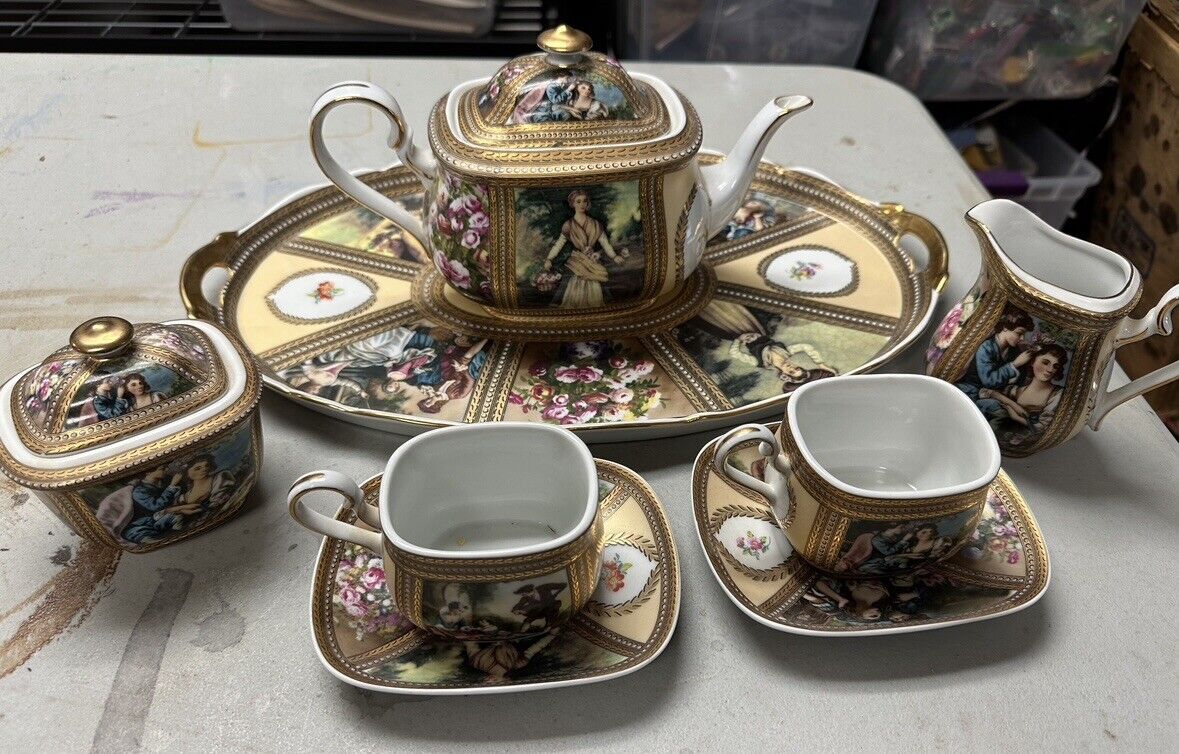 Limoges Gold Leaf TEA SET Cups & Saucers Creamer Sugar Teapot Tray