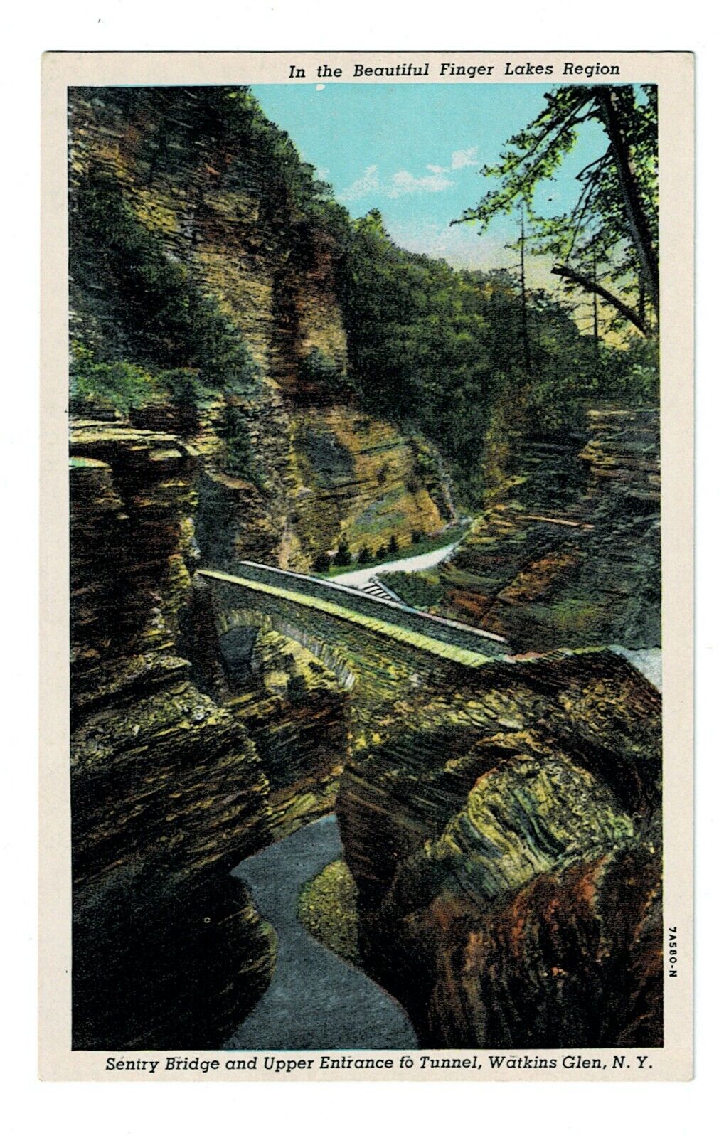Vintage Postcard Finger lakes Watkins Glenn, NY Sentry Bridge Entrance to tunnel