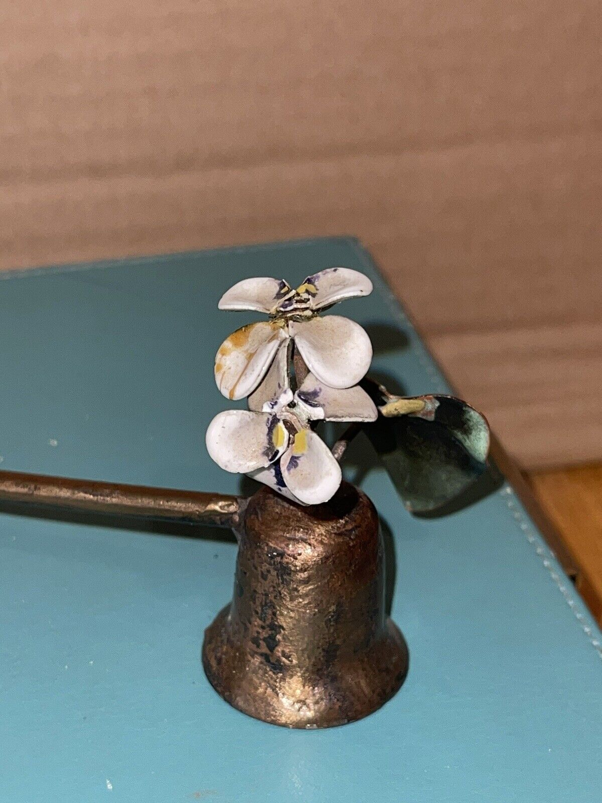 Vintage Metal Candle Snuffer Enameled Flower Has Some Chips
