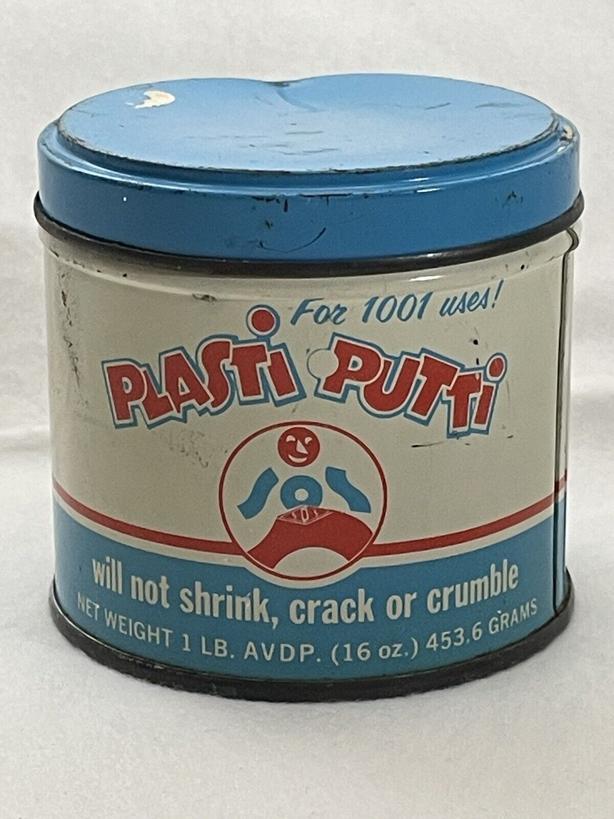 Vintage Plasti Putty 1 pound Tin  SOS Great graphics Blue and Red Putty Can