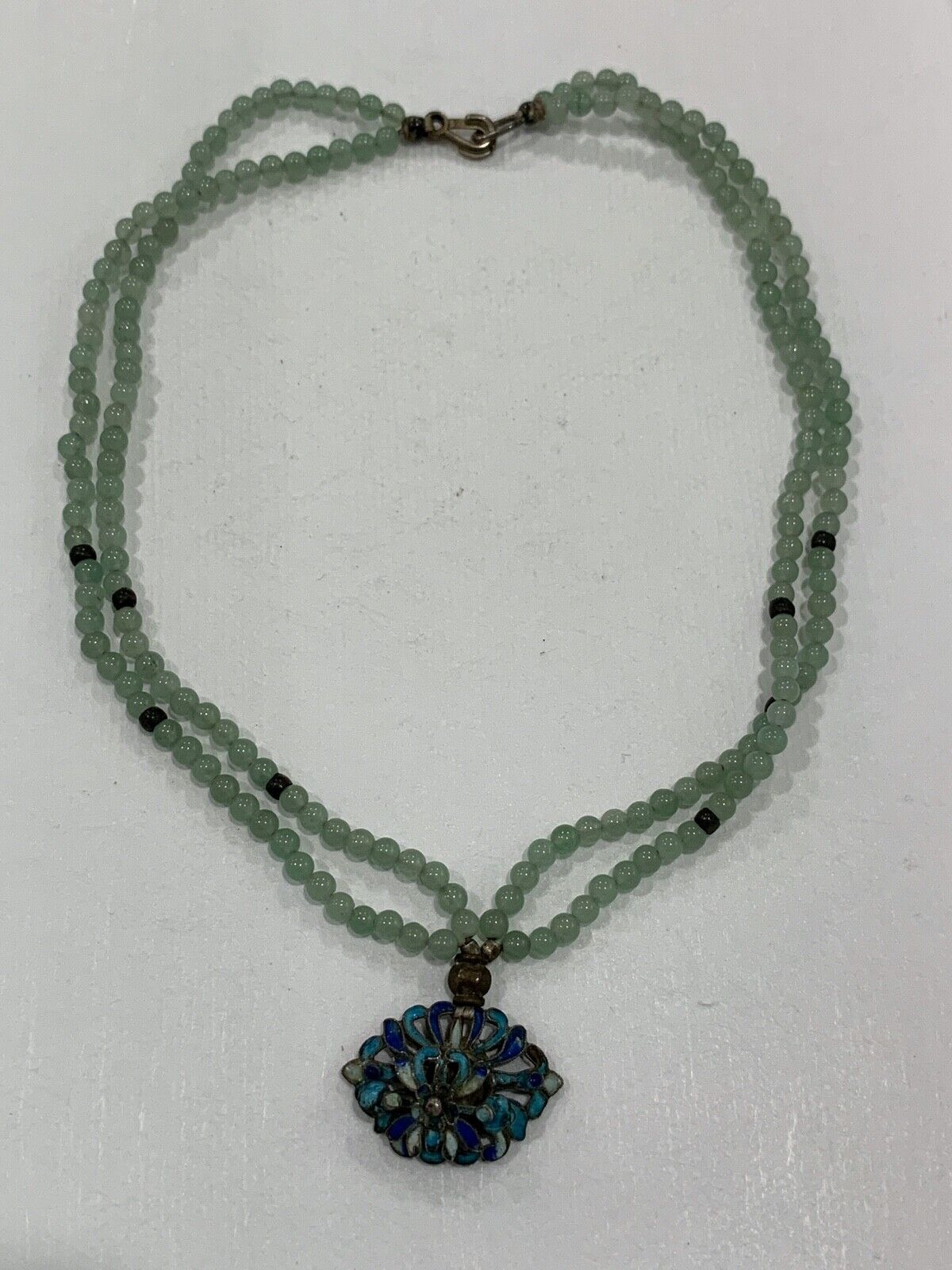 Vintage Chinese Green Jade or Mineral Double Strand Bead Necklace Enamel Pendant
