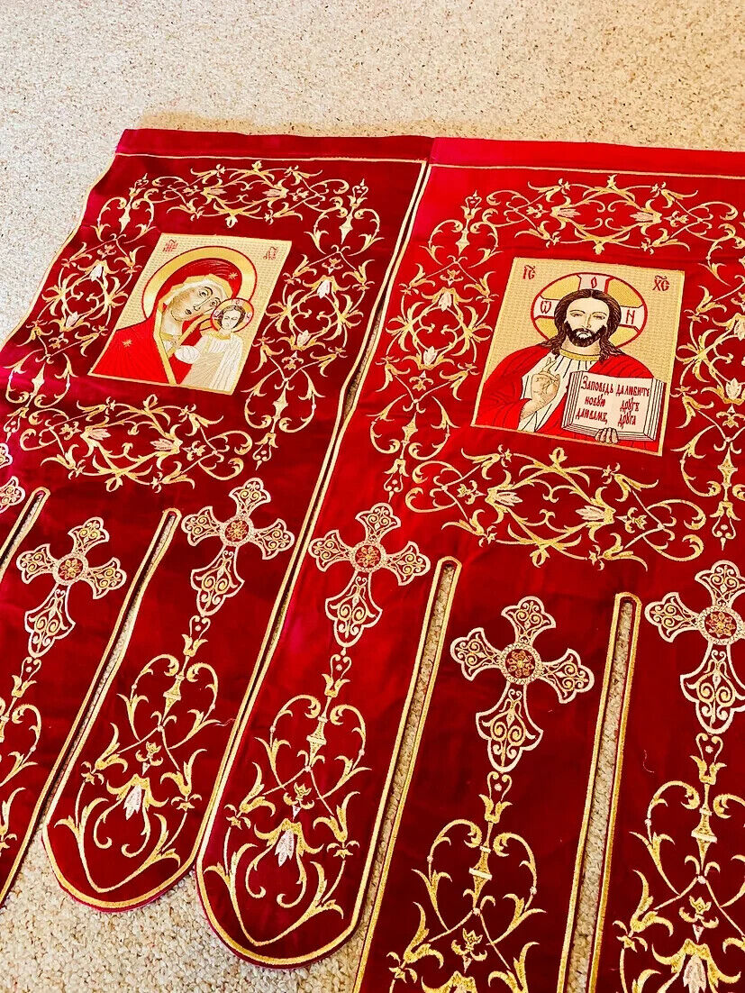 Fully embroidered banner horugvy with icon of Christ and Theotokos 17x30\