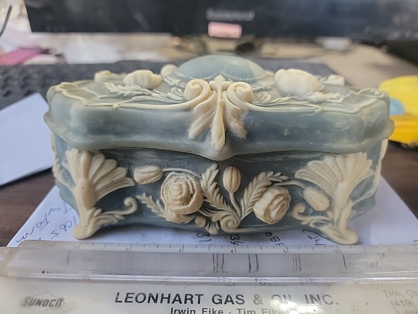 Vintage Incolay Stone Jewelry Box Flowers Blue large 7.5 ” STUNNING