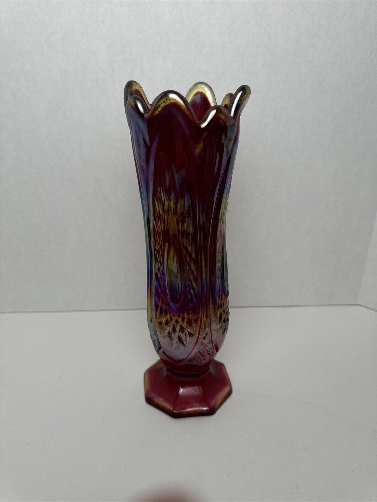 Vintage Swung Carnival Glass Vase Indiana Glass Heirloom Pattern Iridescent 10”