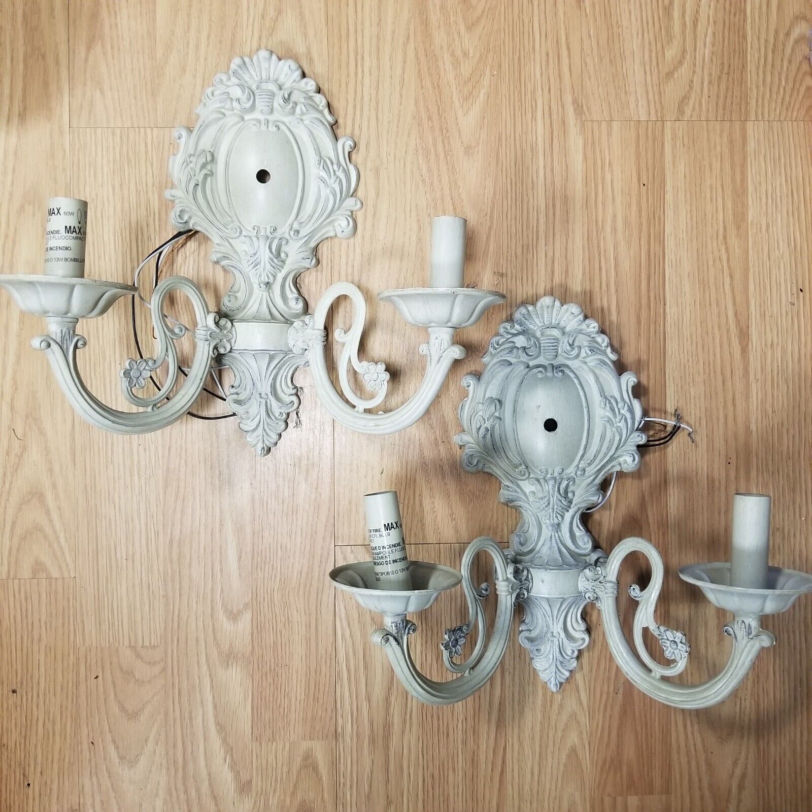 Pair of Metal Candle Electric Wired Wall Sconces Candelabras French Country