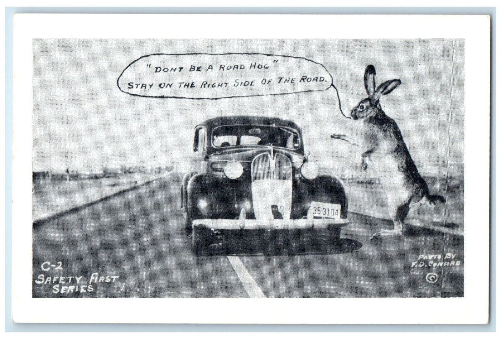 c1930\'s Exaggerated Rabbit Car Don\'t Be A Road Hog Safety First Vintage Postcard