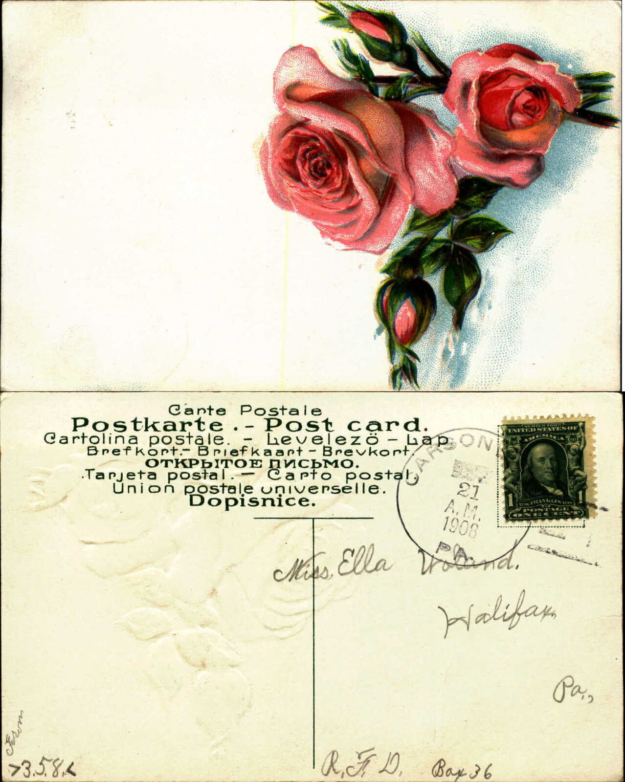 Red roses embossed 1908 mailed Carsonville? PA DPO vintage postcard