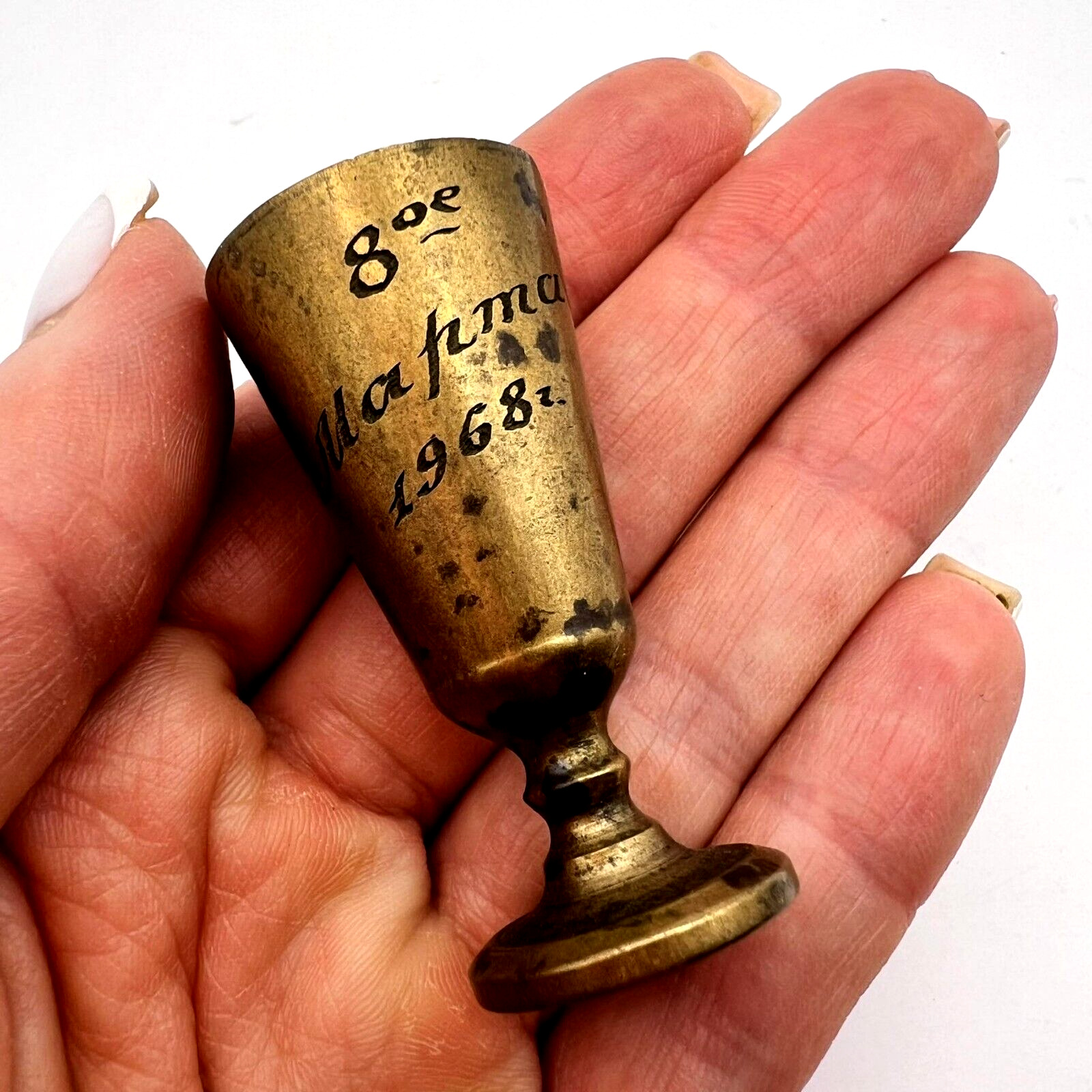 1968's Miniature Vintage Brass Copper Hand Etched Vodka Shot Cup Marked