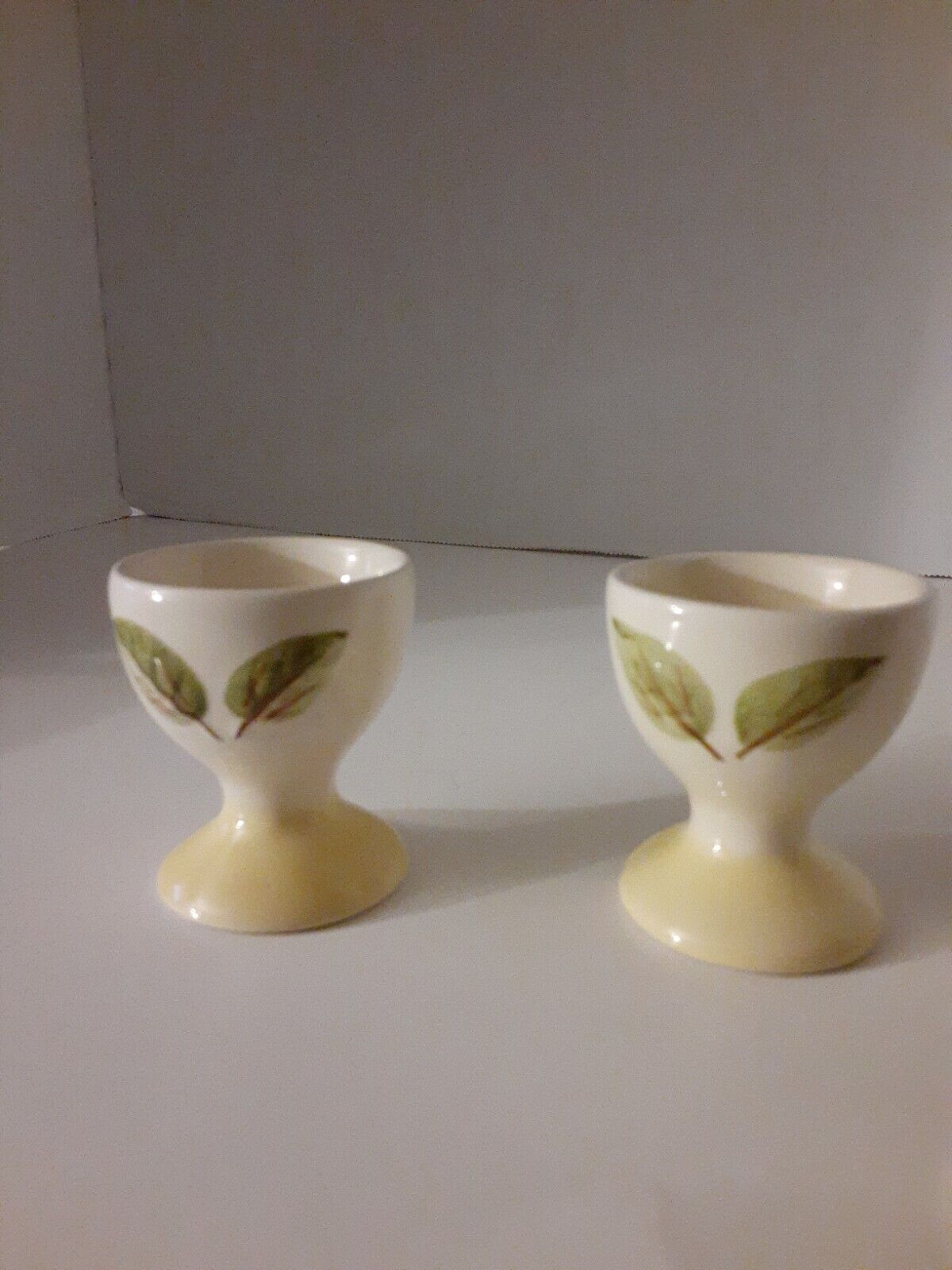 Vintage Raised Leafs Mid Century Modern Easter Art Pottery Egg Cups - Set of 2