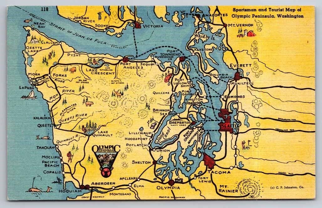Map of Washington Points of Interest Linen 1948 Postcard 