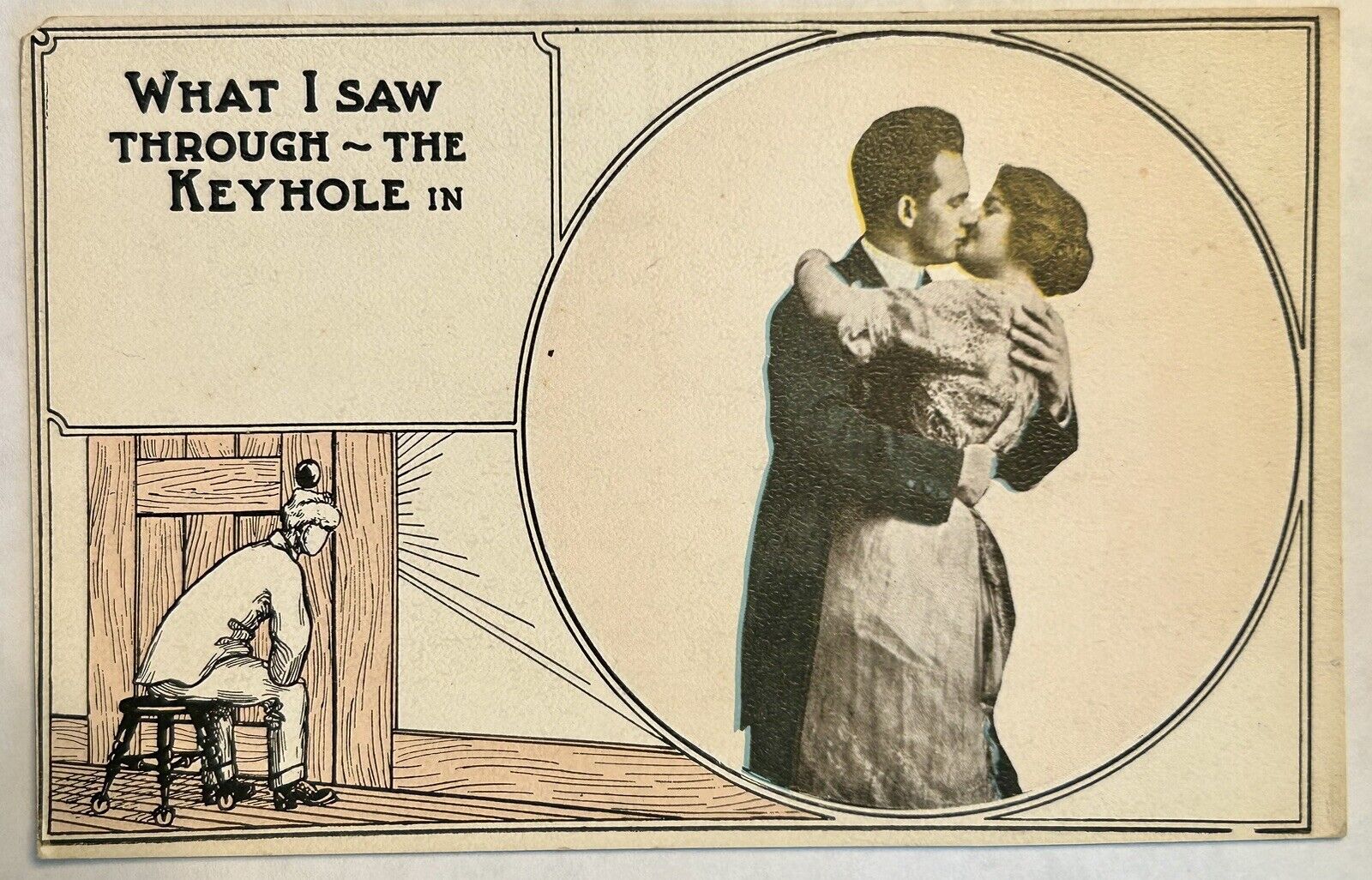 WHAT I SAW THROUGH ~ THE KEYHOLE. Vintage love and romance postcard early 1900s.