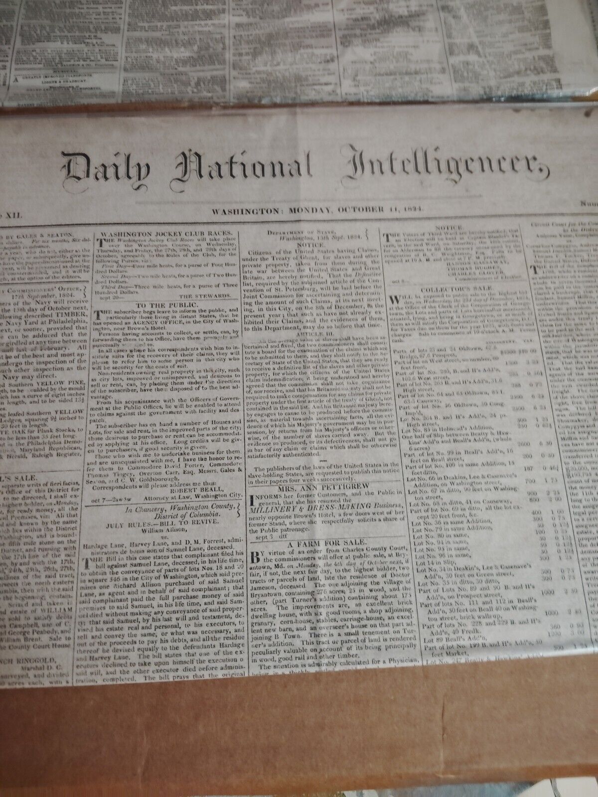 RARE Original Mon October 11, 1824 National Intelligencer Washington Newspaper.