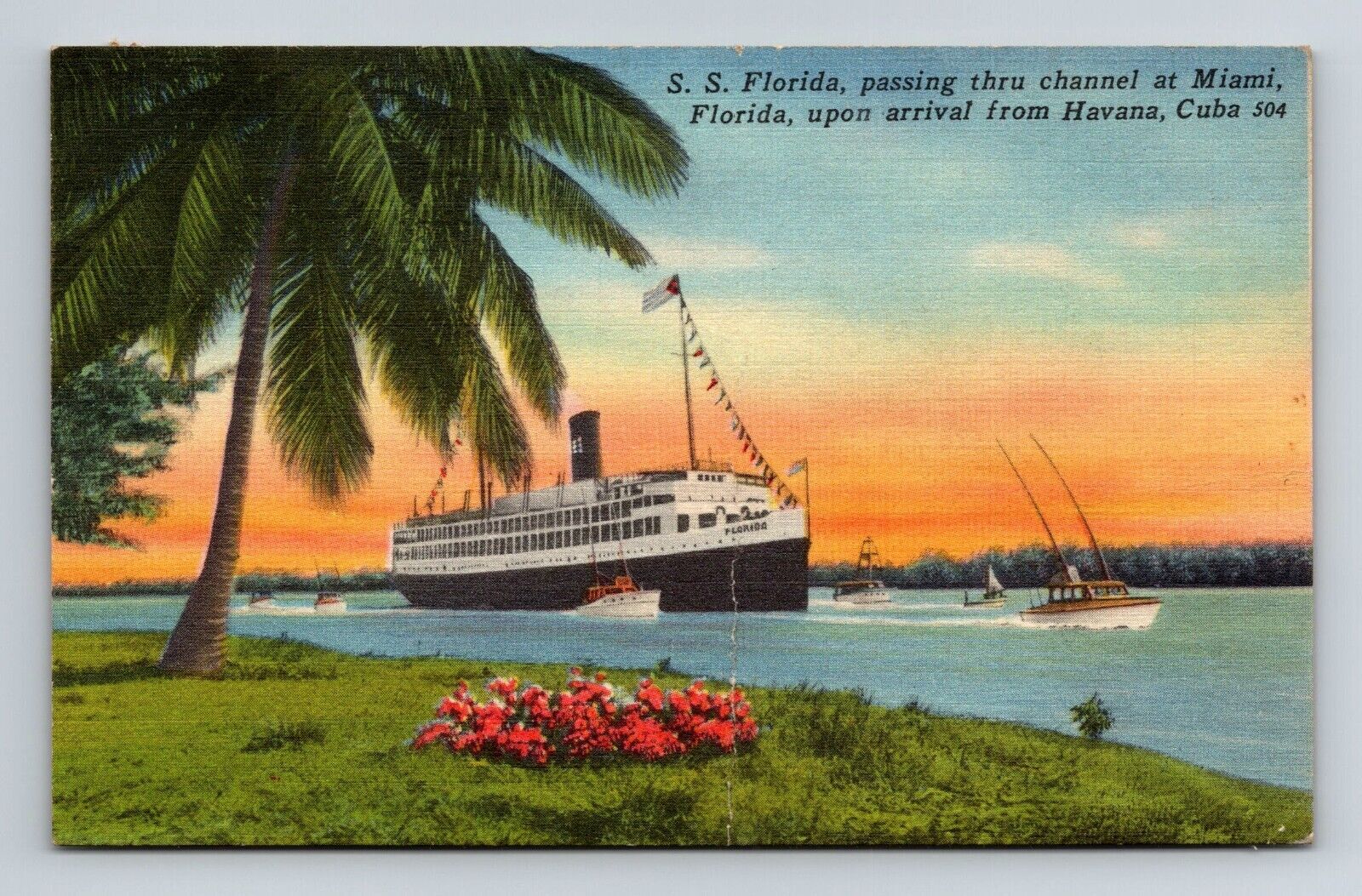 Vtg. postcard linen S.S. FLORIDA Miami,  Florida 3.5 x 5.5 inch