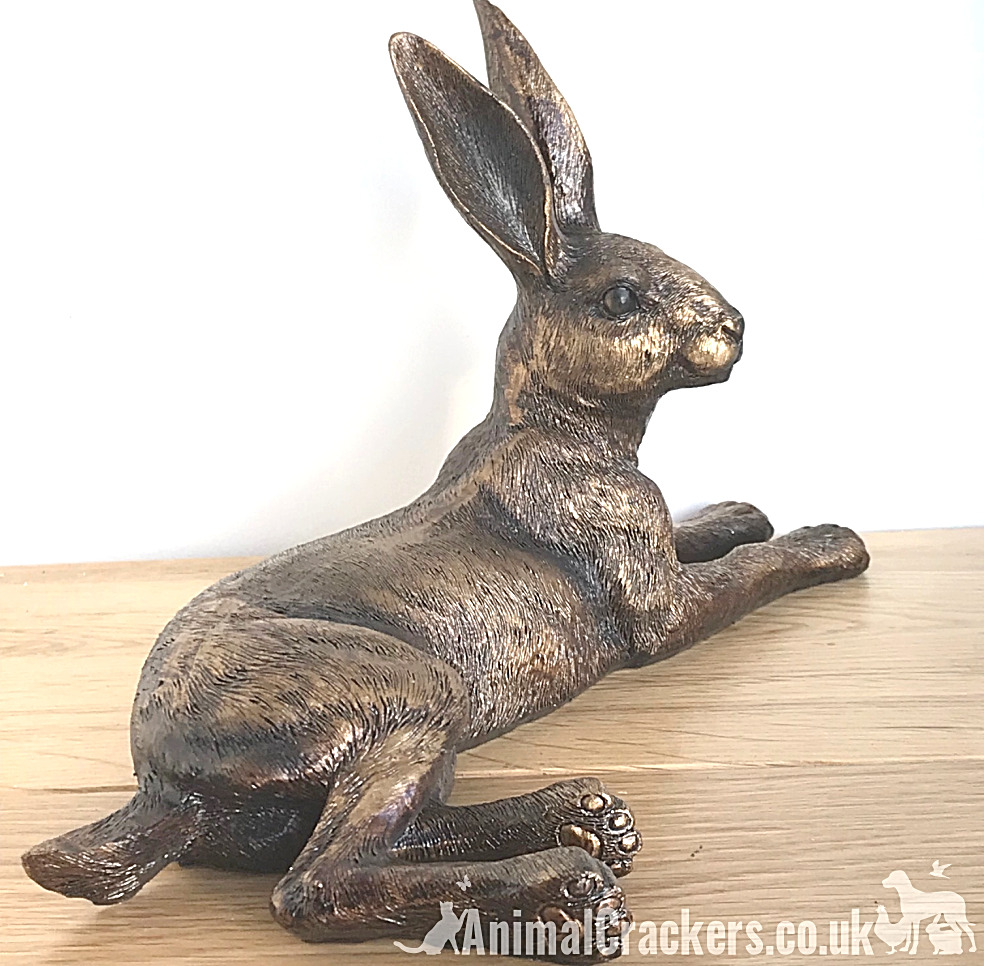 Large 25cm Bronze effect laying Hare ornament sculpture figurine hare lover gift
