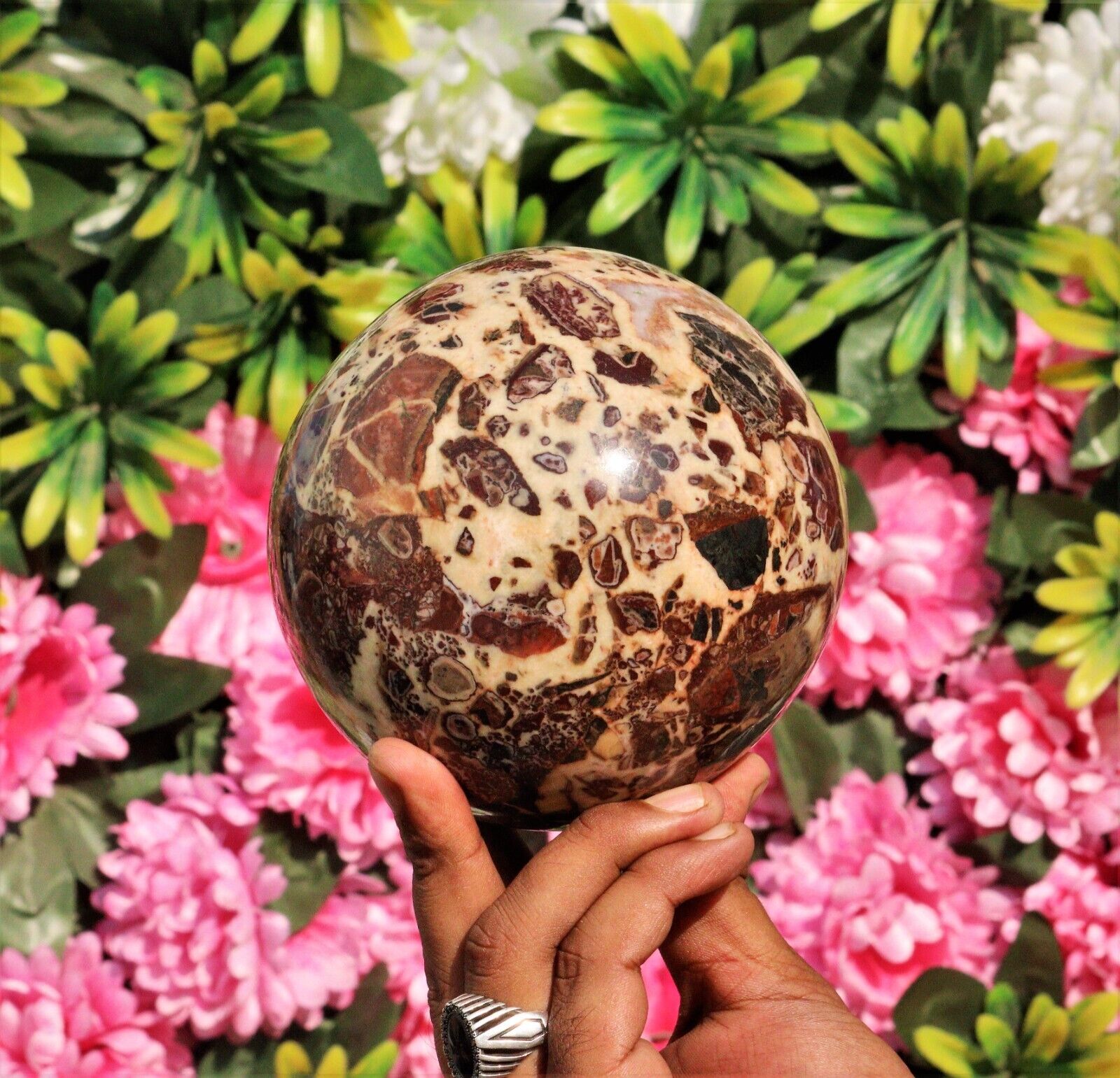 120MM Natural Brecciated Jasper Metaphysical Healing Aura Stone Sphere Ball