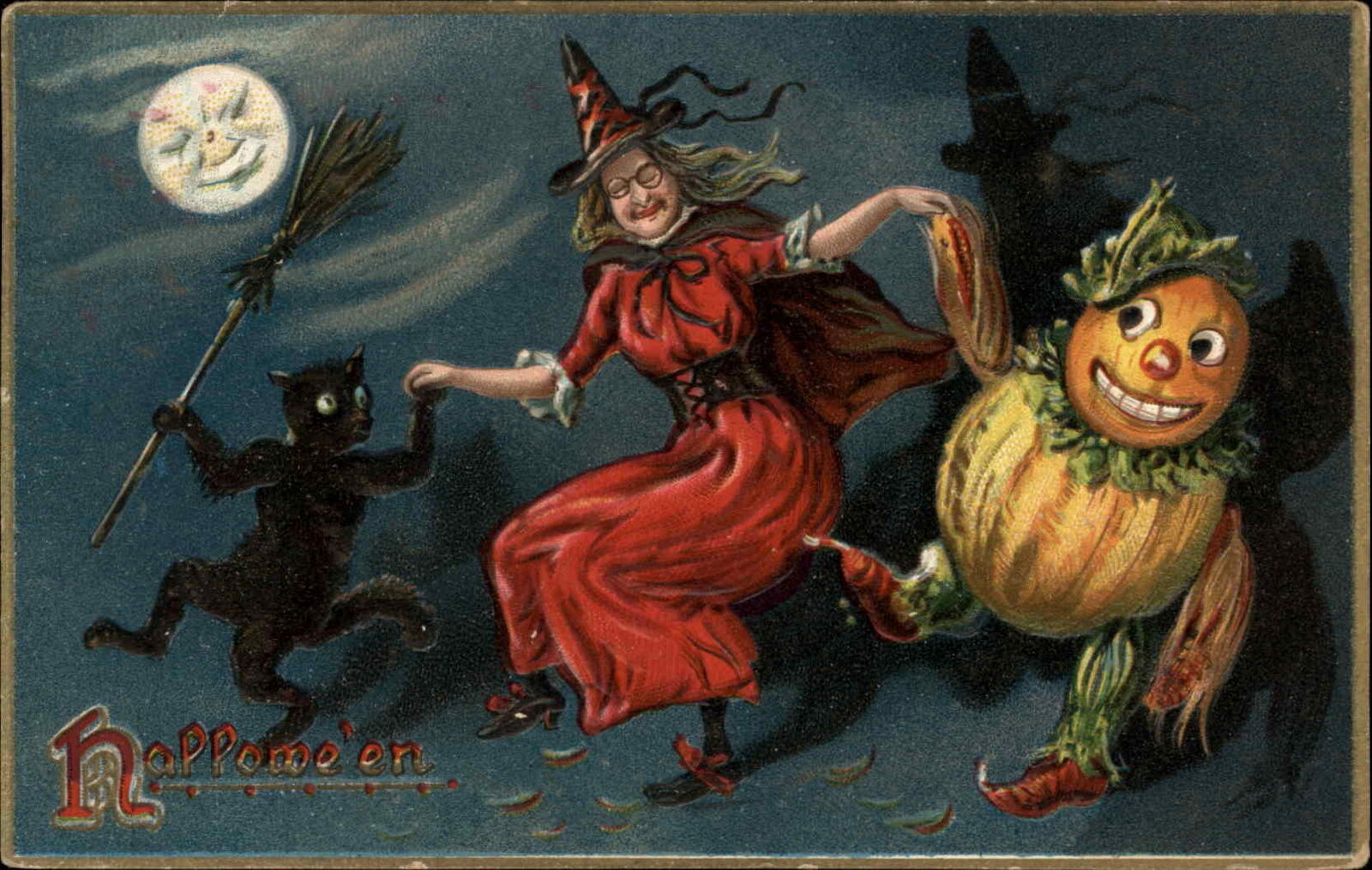 Halloween Witch Fantasy JOL Men & Cat Dance TUCK #150 Embossed c1910 Postcard