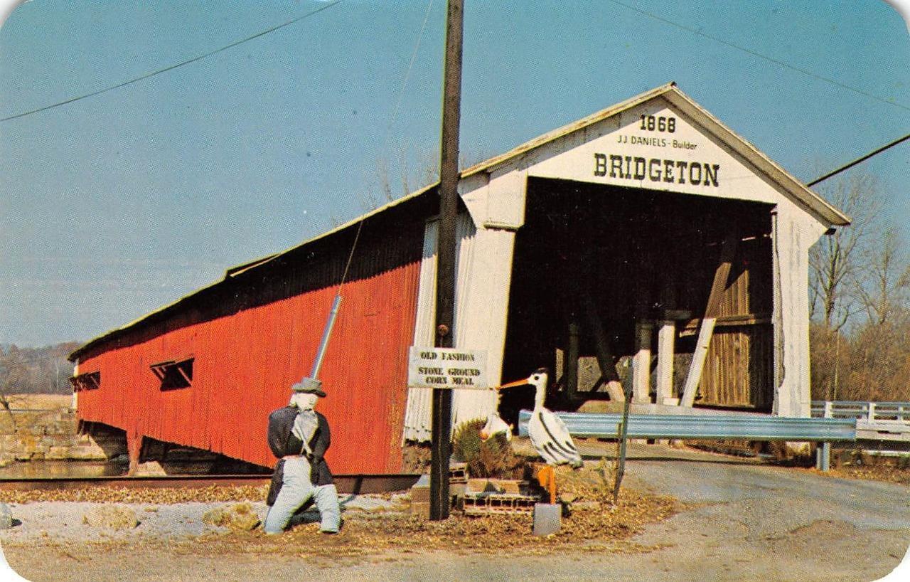 BRIDGETON COVERED BRIDGE Parke County, Indiana Scarecrow c1950s Vintage Postcard