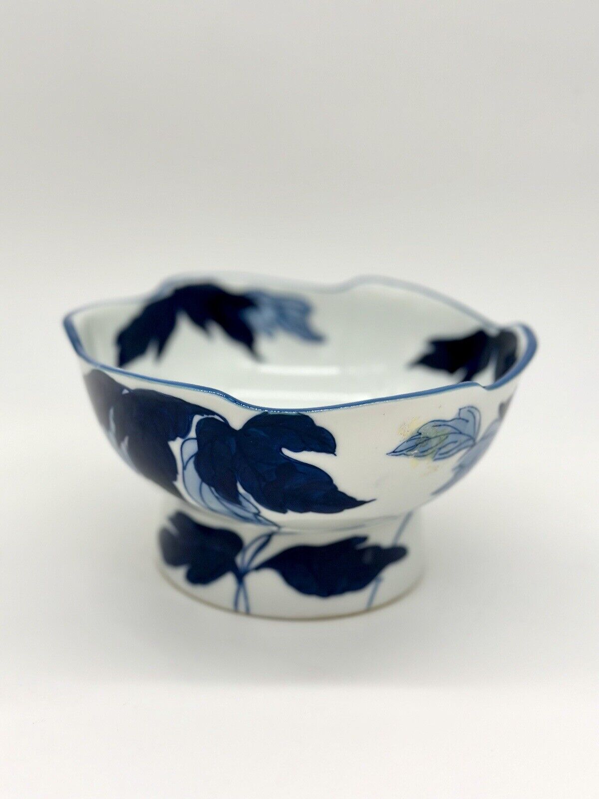 Vintage Chinese Porcelain Pedestal Bowl w/ Dark Blue Floral Design