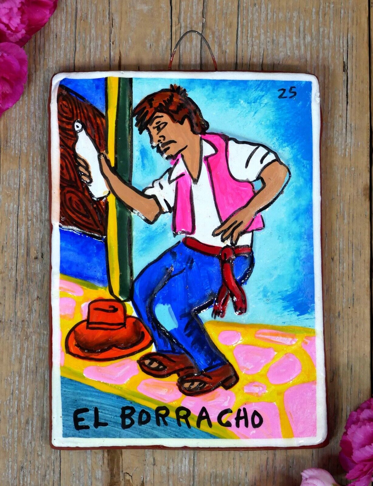 Loteria #25 El Borracho The Drunk Clay Hand Painted Tonala Mexican Game Folk Art