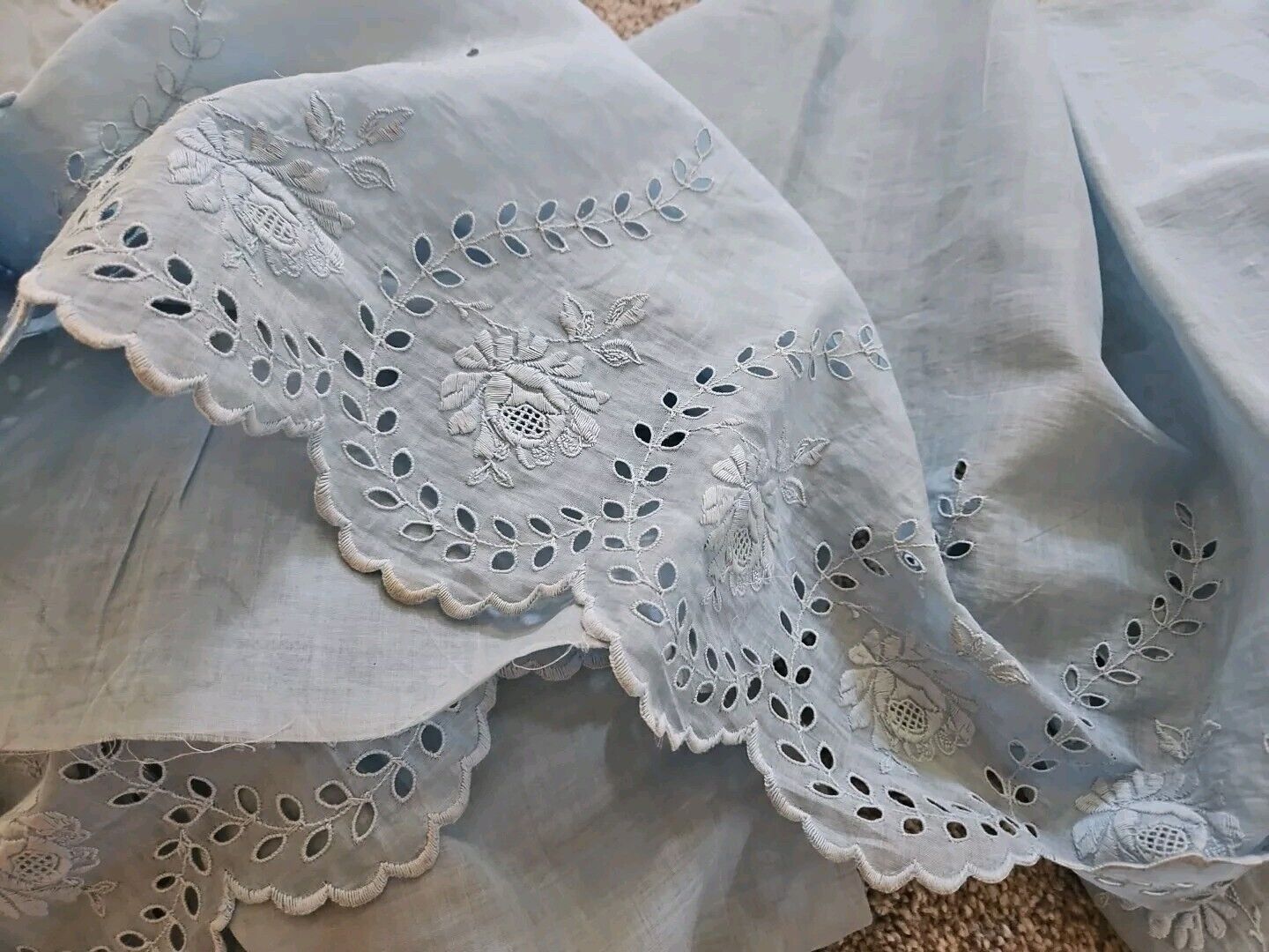 Antique Rare Blue Cotton Eyelet Scalloped Flower Border Lace Trim Fabric