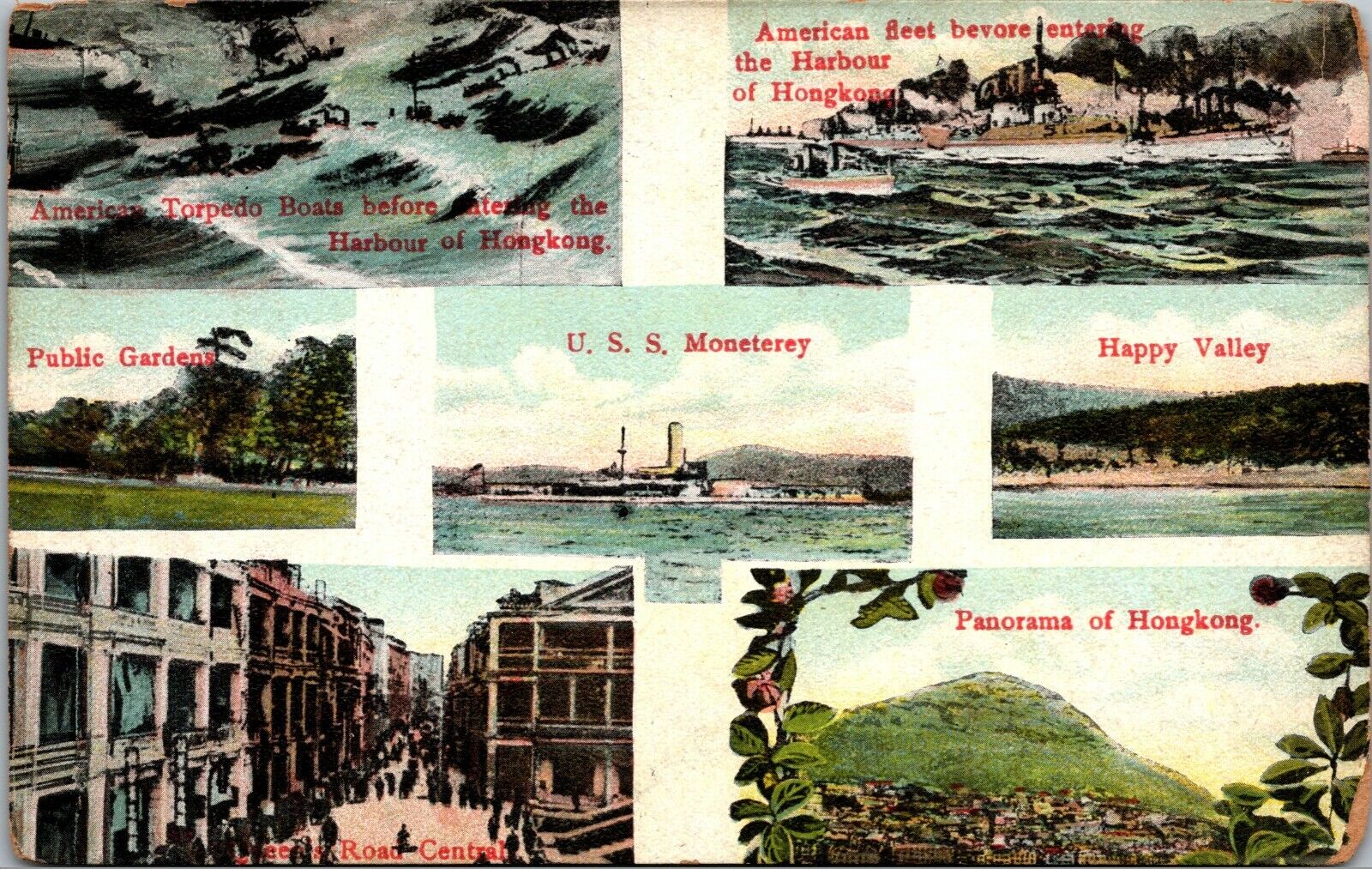 Postcard~Hong Kong~Multiview~U.S.S. Monetery~Harbor View~c1910~U.S. Navy-Ship