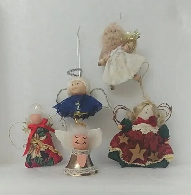 Vintage  Mixed Lot Handmade Bell Spool and Fabric Angels Ornaments