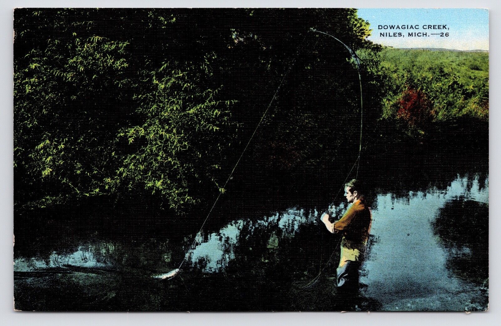 c1940s~Niles Michigan MI~Dowagiac Creek~Freshwater Fly Fishing~Vintage Postcard