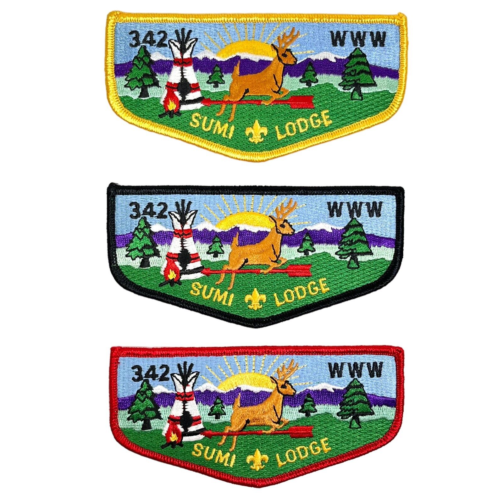 Lot of 3 Sumi Lodge 342 WWW BSA Vigil Honor Flap Patch ▪ YELLOW RED BLACK Border