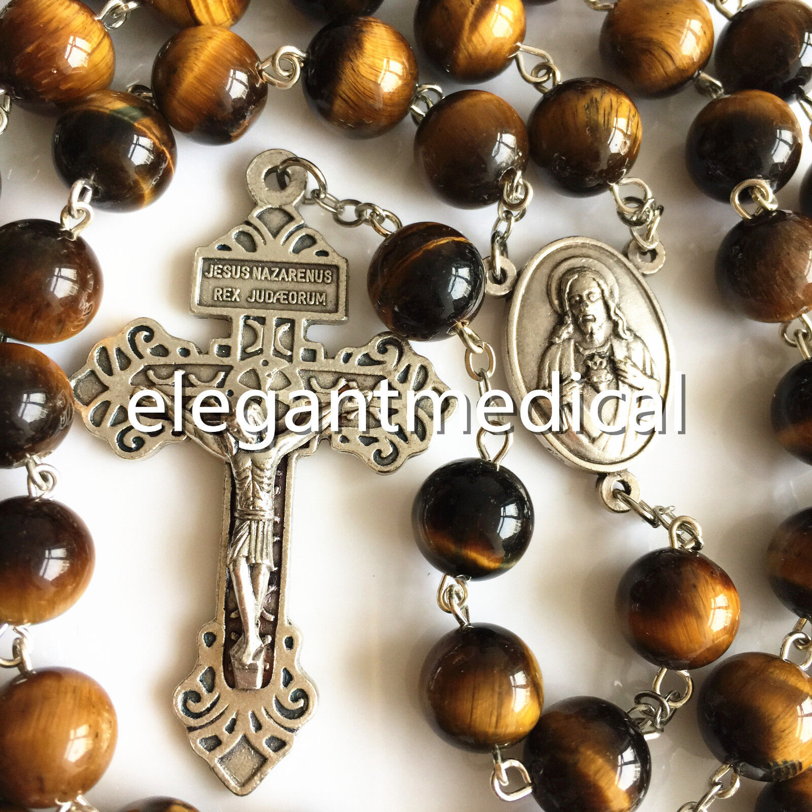 XL10MM Tiger Eye Beads ROSARY CROSS Catholic Necklace Men's Women Religion GIFT