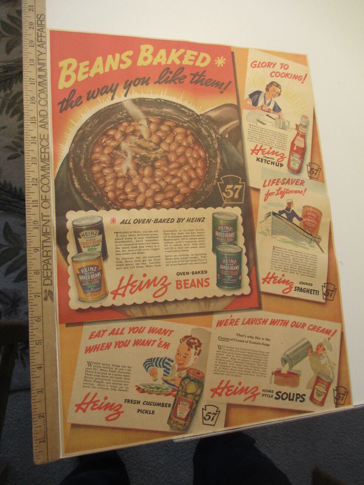 newspaper ad 1938 HEINZ food can baked bean ketchup soup pickle spaghetti AW