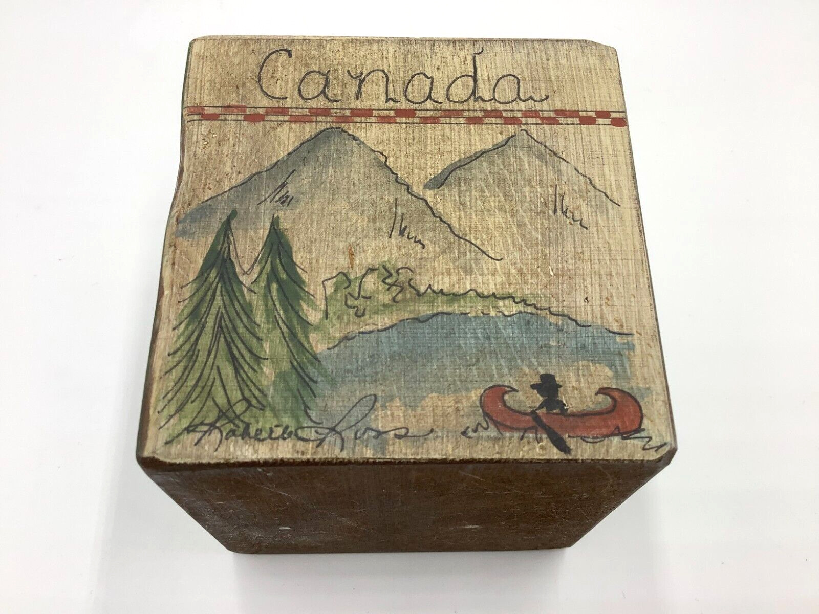 Roberta Ross Vintage 1990's Folk Art Hand Painted Wood Block - CANADA