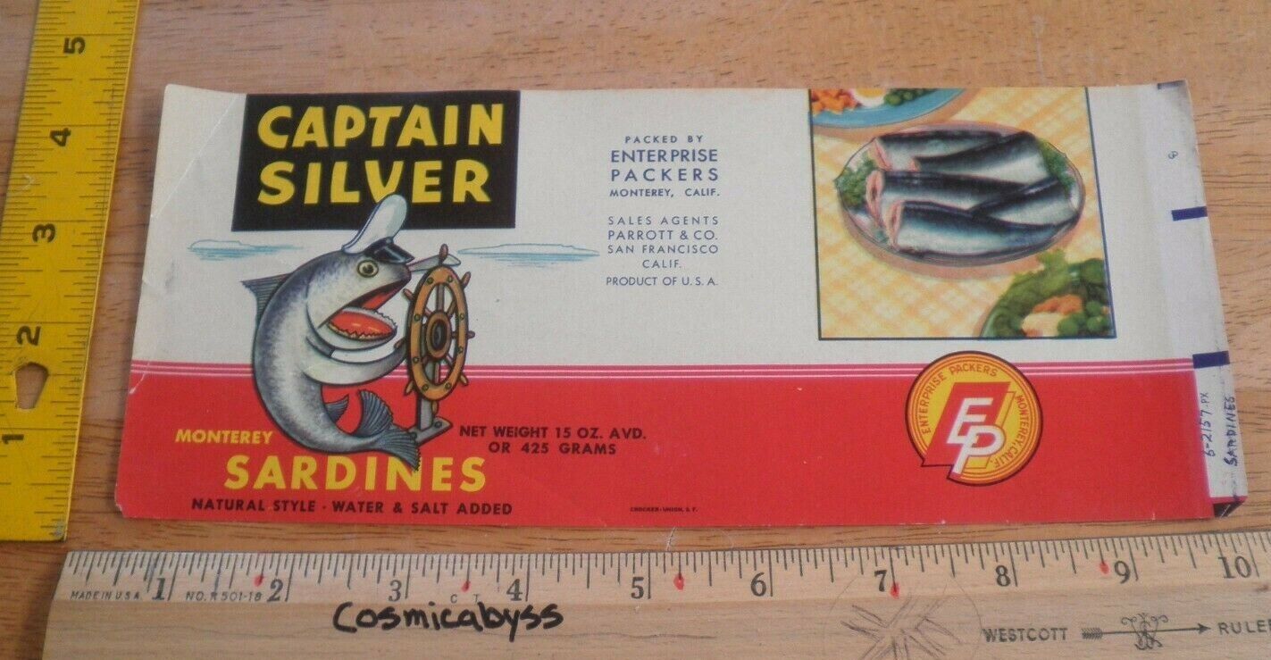 Captain Silver Monterey Sardines 1960's can label Enterprise Packers CA