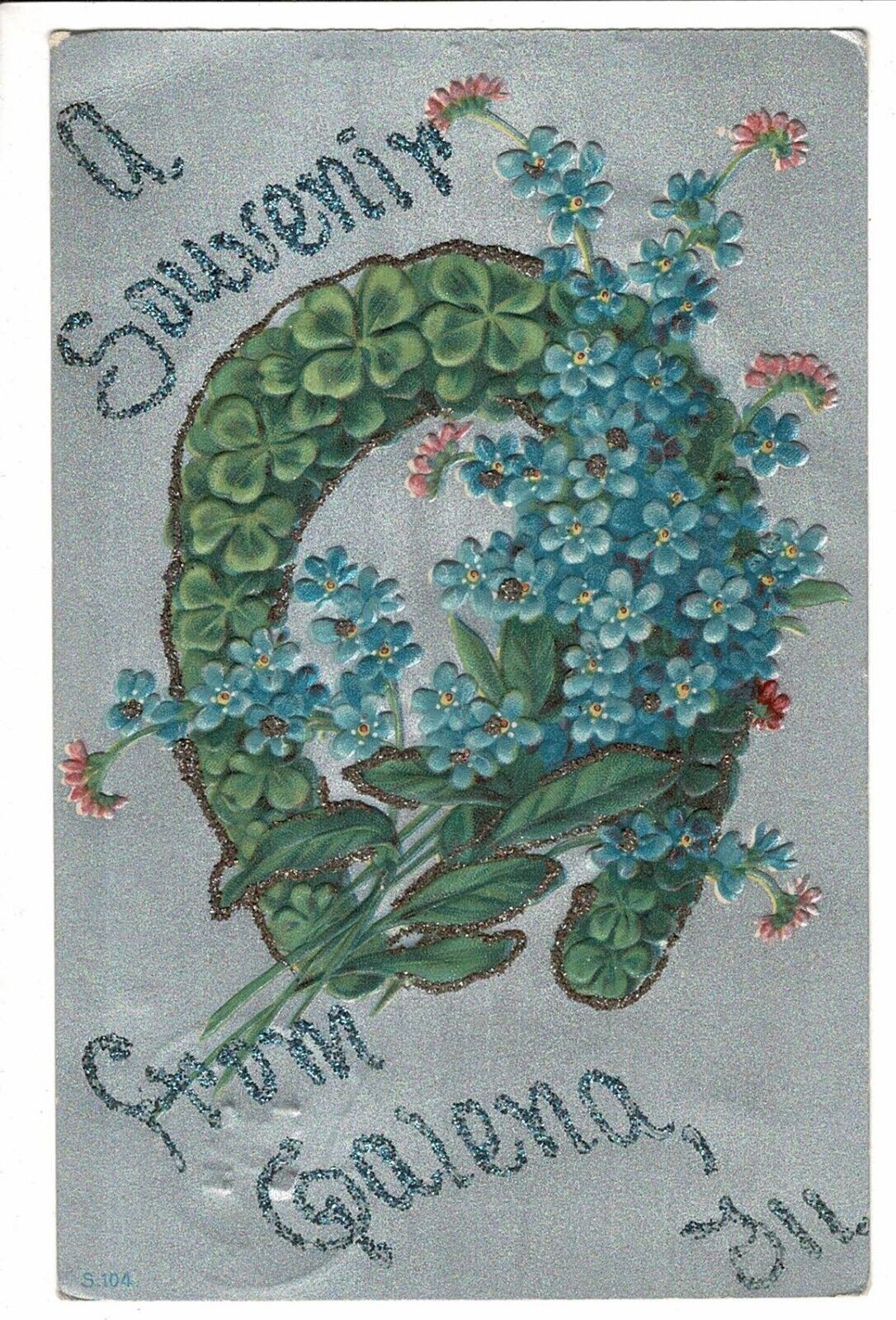 A Souvenir From Galena Illinois IL Floral Glitter Postcard Horseshoe Greetings