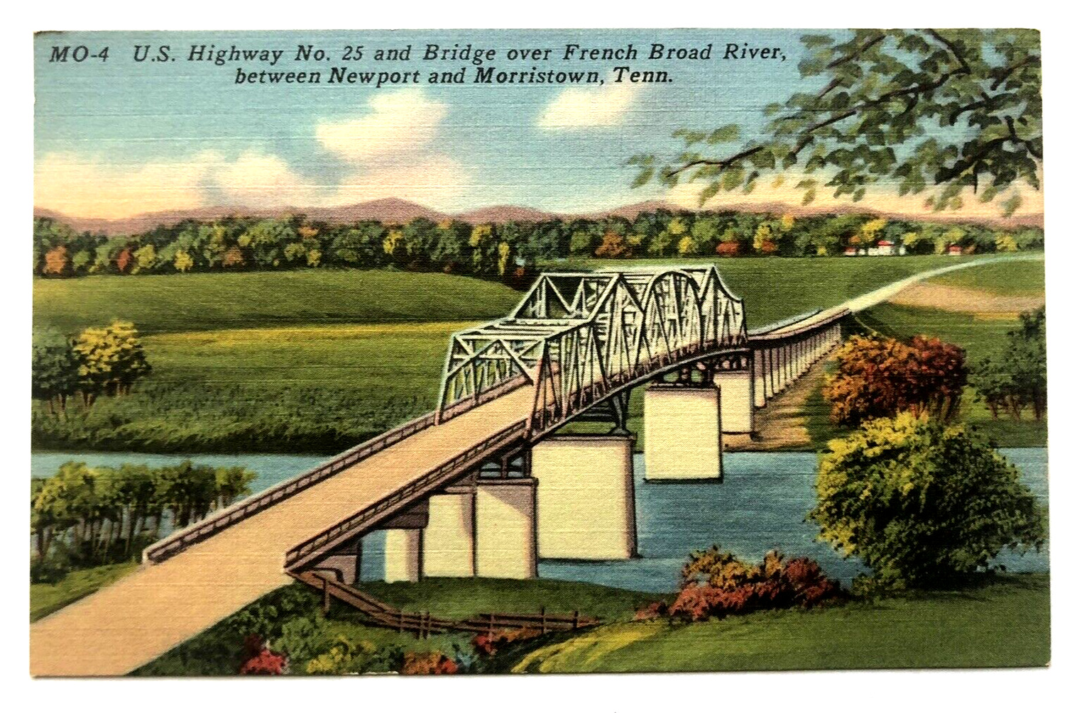 Highway 25 and Bridge over French Broad River Newport and Morristown TN Postcard