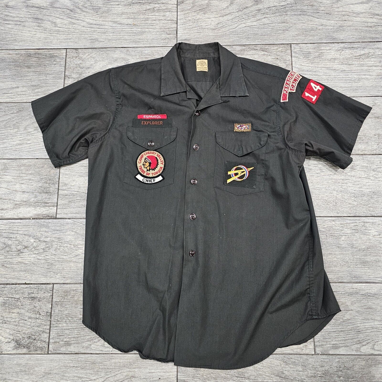Vintage 50s 60's Boy Scout Shirt Short Sleeve Patches  Explorer BSA Forest Green
