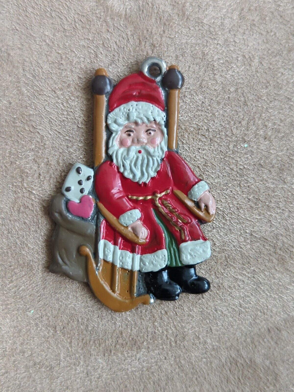 Vintage Kuhn Zinn Santa Claus Rocking Enameled Pewter Christmas Ornament Germany