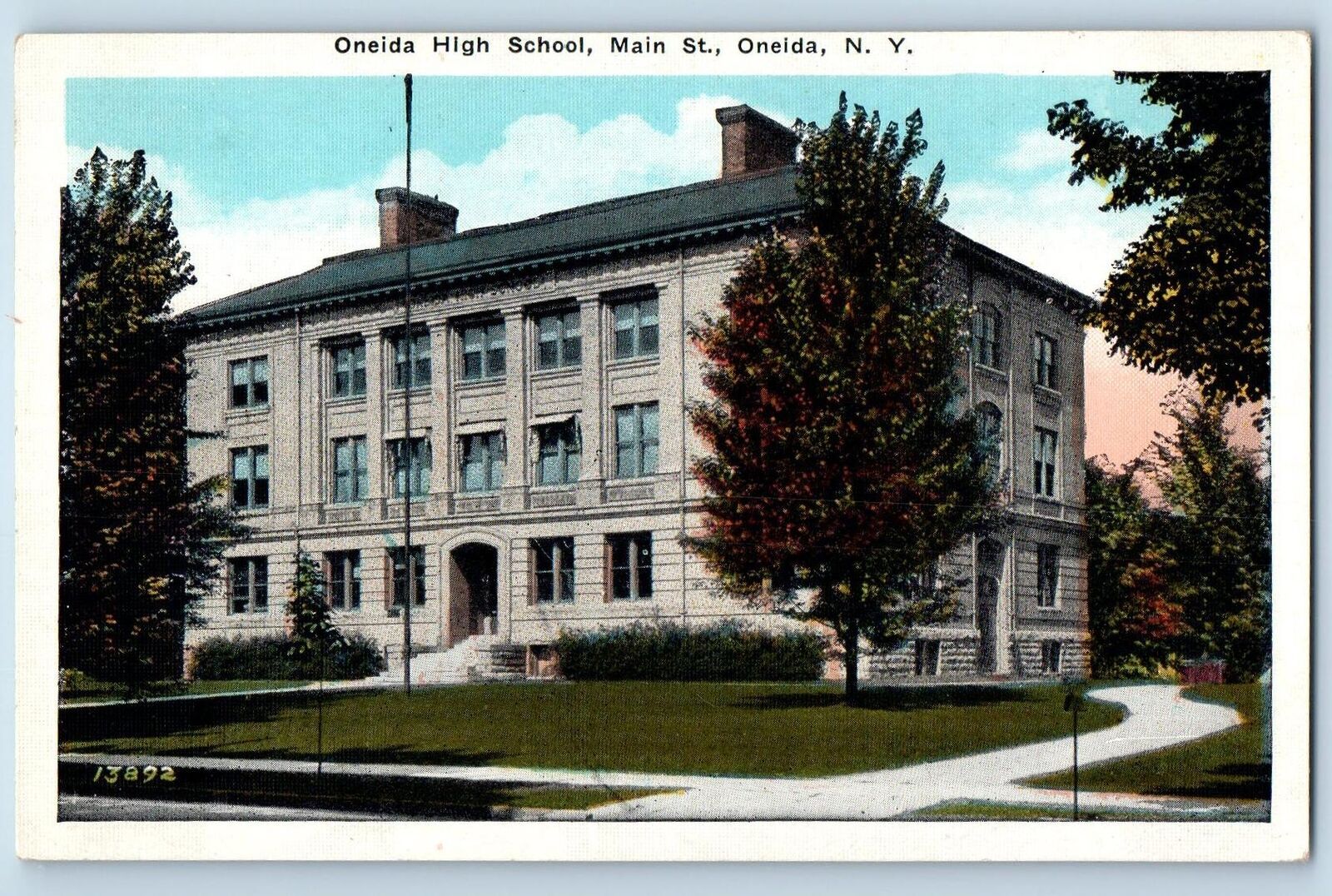 Oneida New York NY Postcard Oneida High School Main Street Scene c1920\'s Antique