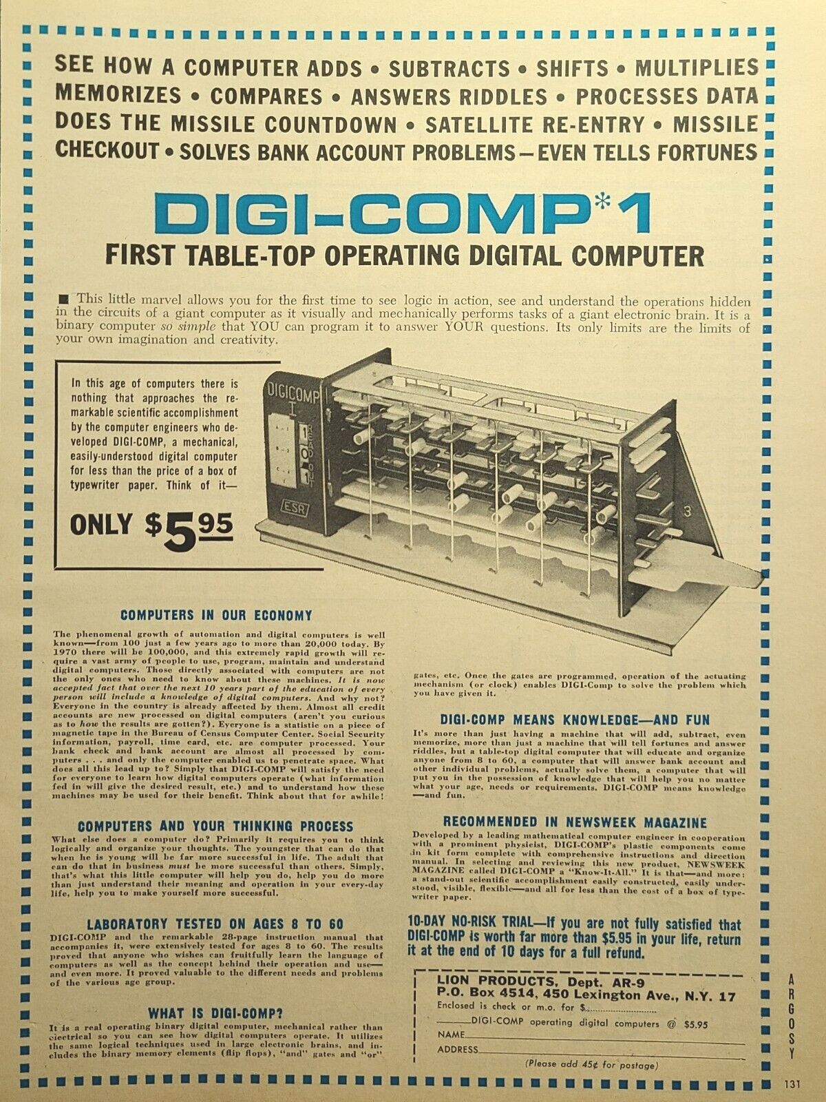 Digi-Comp 1 Operating Binary Digital Table-Top Computer Vintage Print Ad 1965