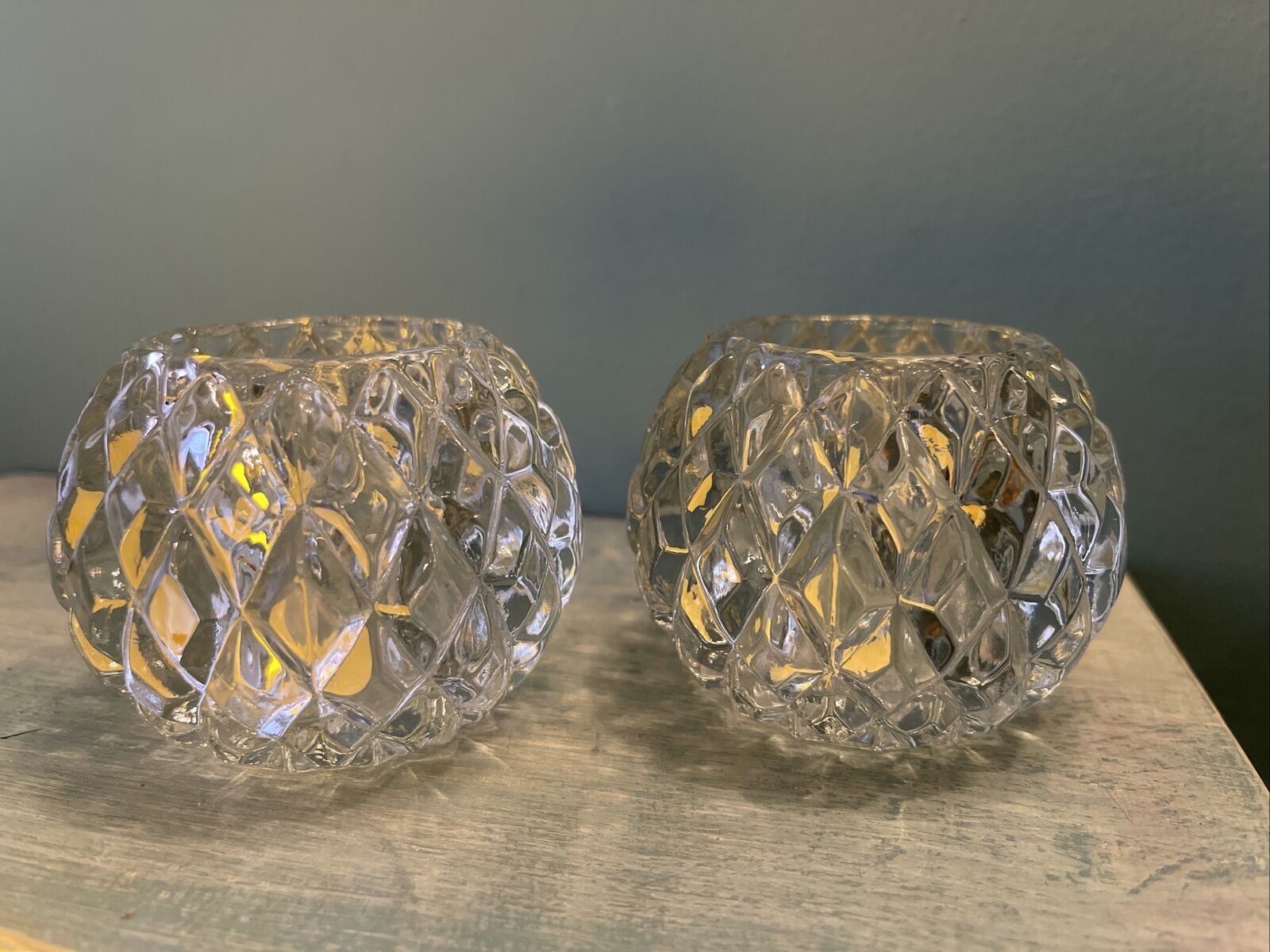 Partylite Pair Of Rockport Votive Holders Heavy Round Crystal Cut Glass (51)