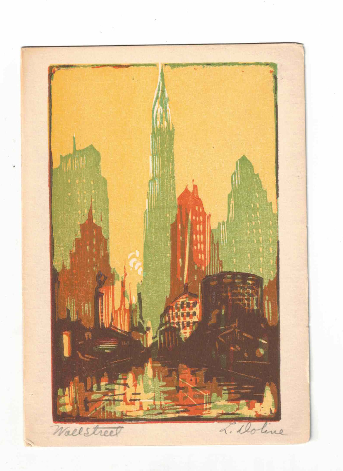 NEW YORK CITY DOWNTOWN LEON DOLICE LINOLEUM ORIGINAL 30s ARTIST SIGNATURE
