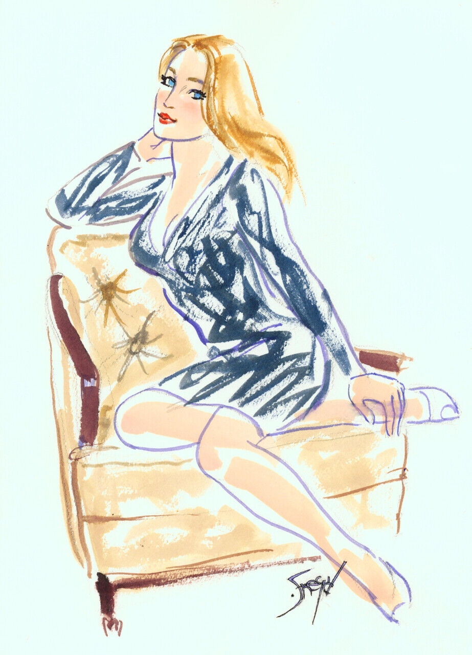 Playboy Artist Doug Sneyd Signed Original Art Sketch ~ Blond in Blue Dress