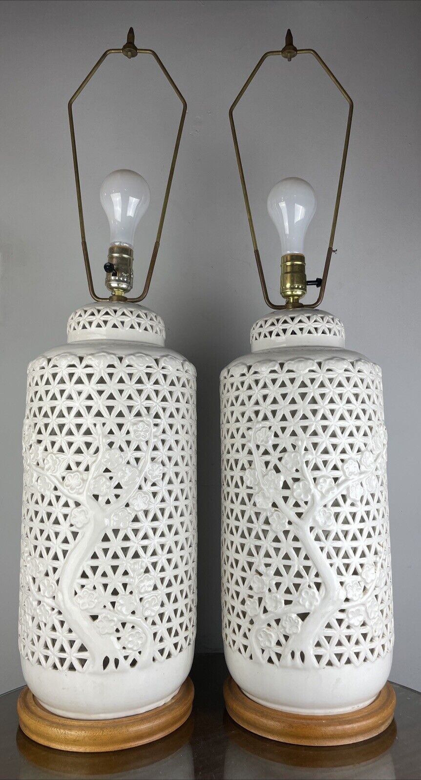 Pair Blanc De Chine Reticulated Lamps White Cherry Blossom Asian Lamp 34”