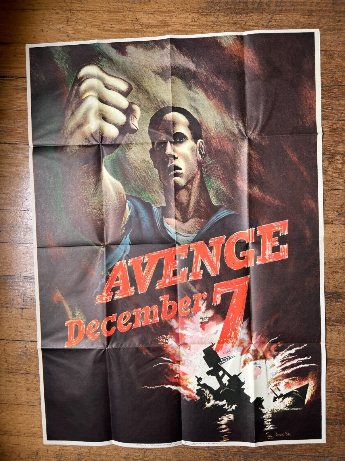 Large Original 1942 WWII Poster- Avenge December 7- Soldier Raising Fist