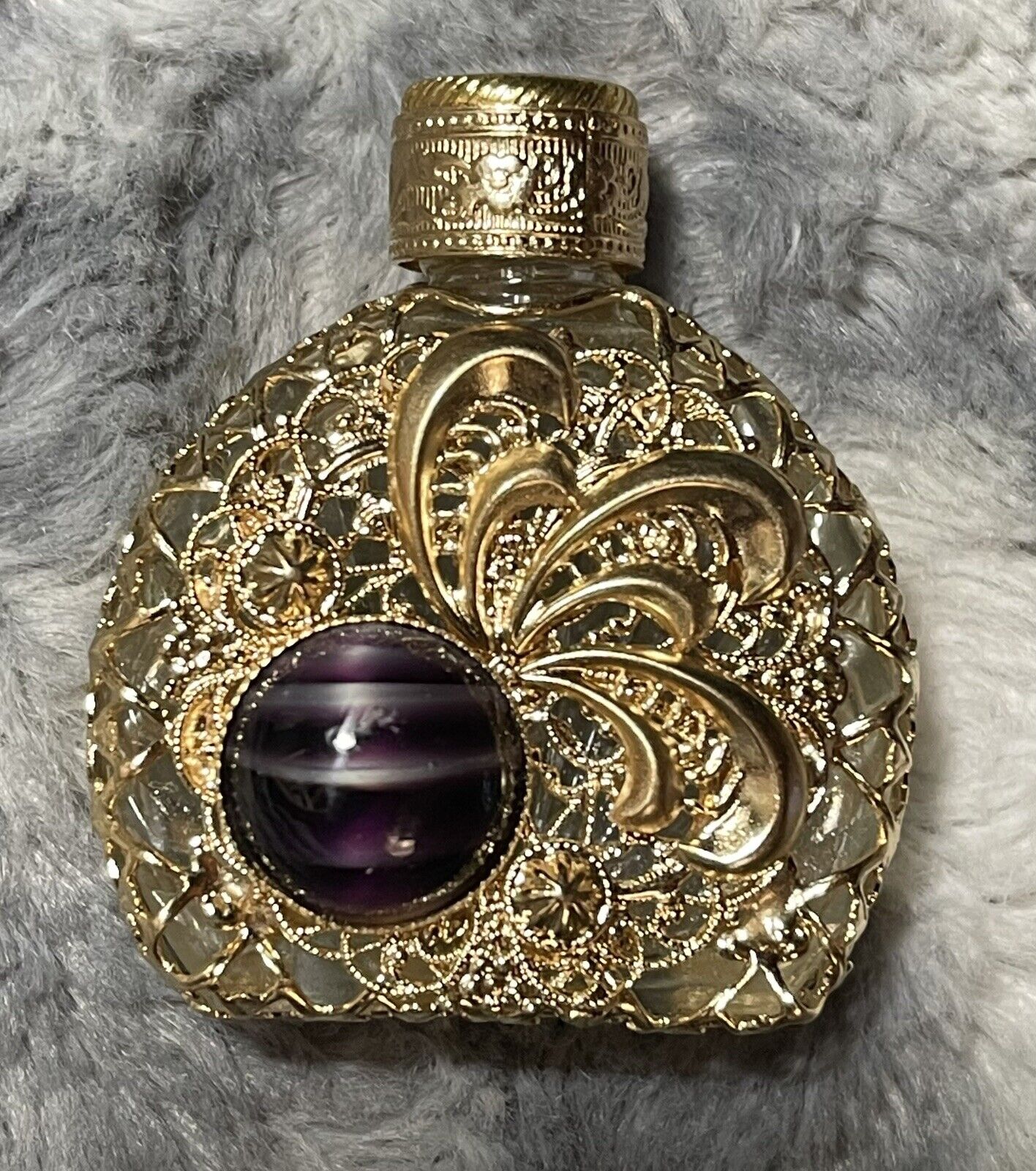 Perfume Bottle Glass  Violet Cabochon Gold Metal Filigree Glass Pipette Vintage