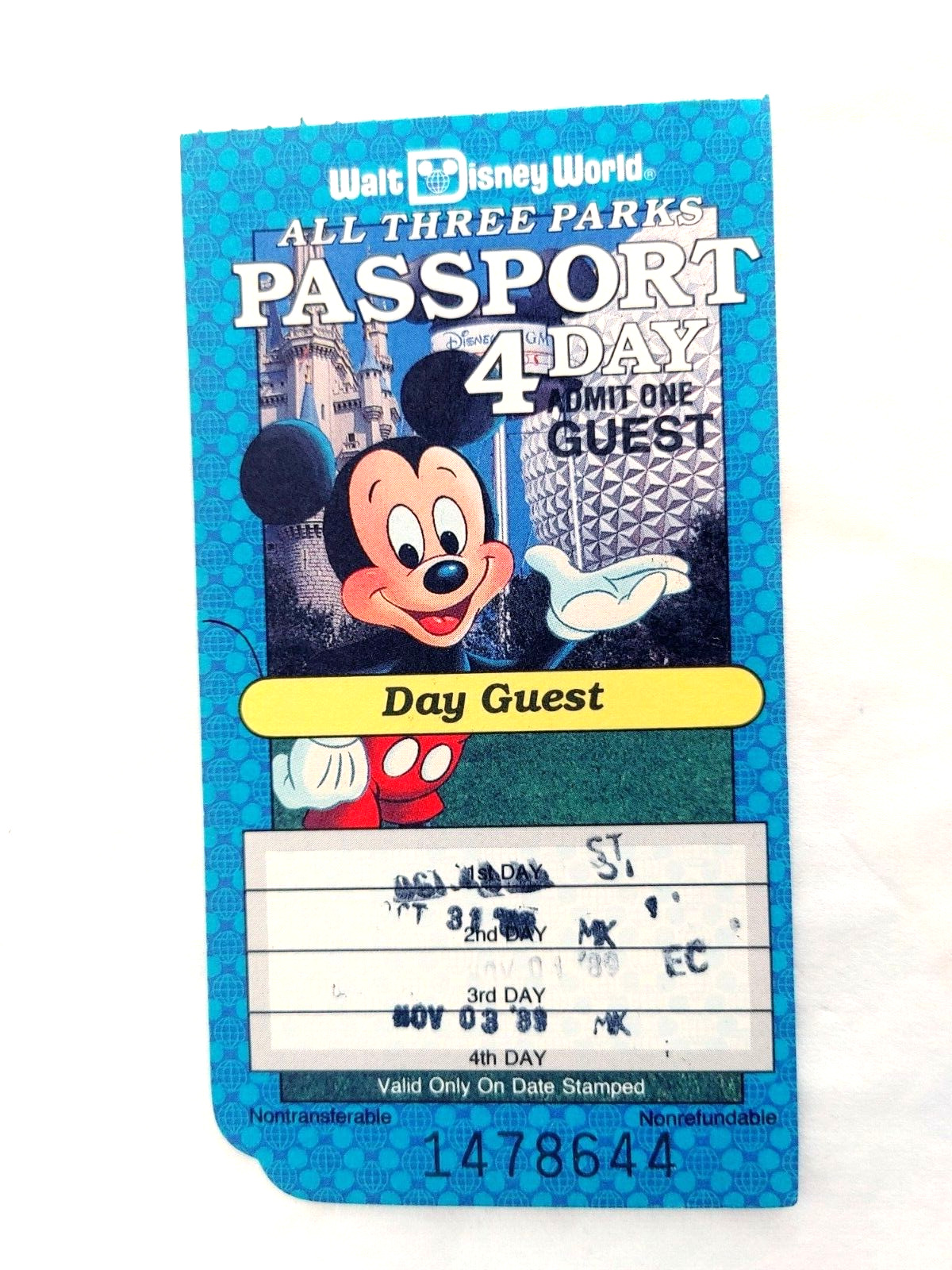 Walt Disney World 1989 All 3 Parks 4-Day Ticket Stub  #16863