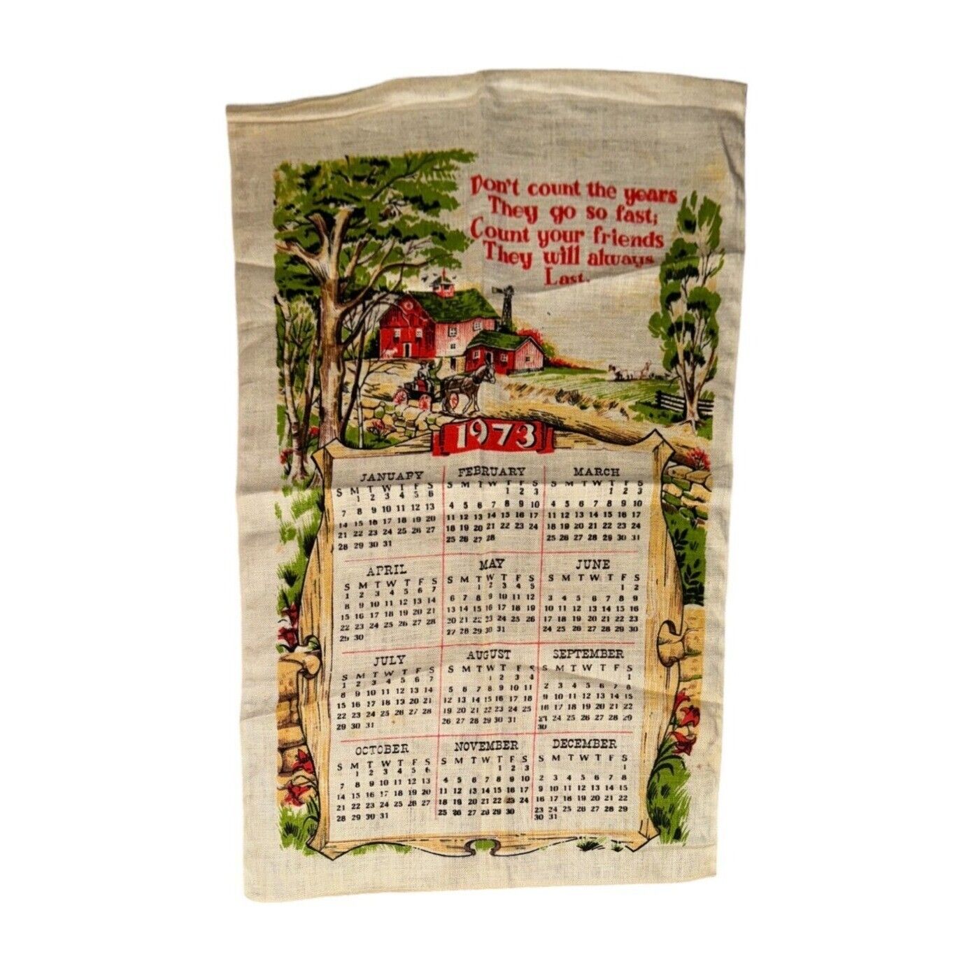 Vintage 1973 Cloth Wall Hanging Calendar  Farm Theme