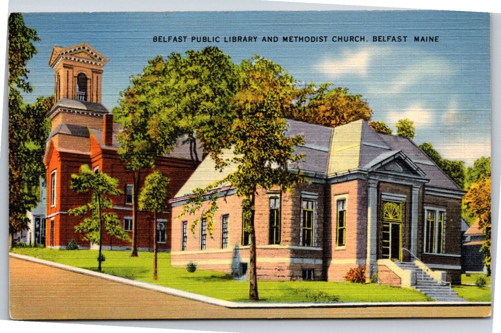 Belfast ME Maine Public Library & Methodist Church Nice Linen Vintage Postcard