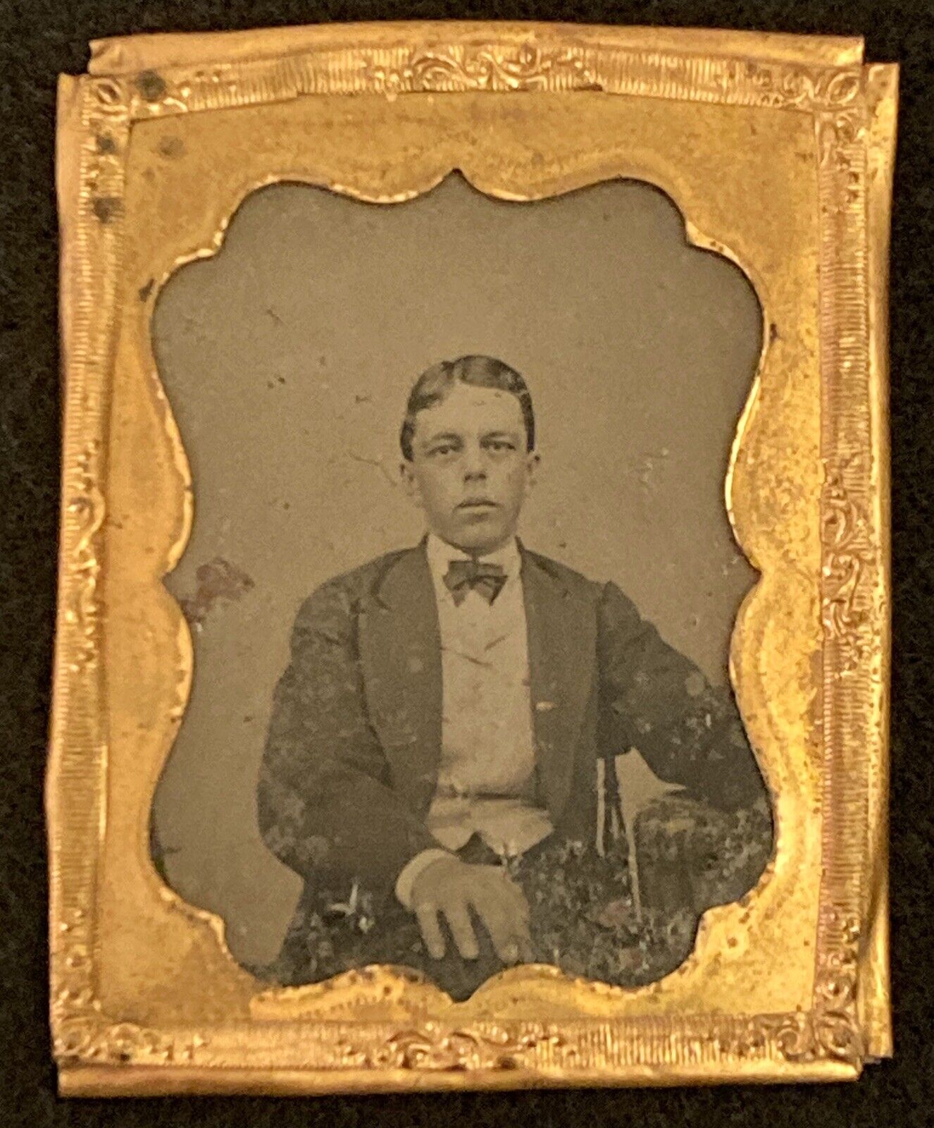 Antique Daguerreotype Mid 1800s Handsome Man in Suit Vest Bow Tie Tintype Photo