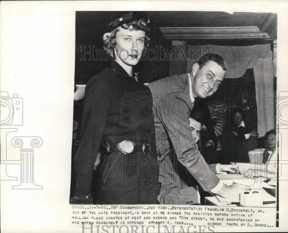 1950 Press Photo Politician Franklin Roosevelt Jr. & wife at polling place in NY