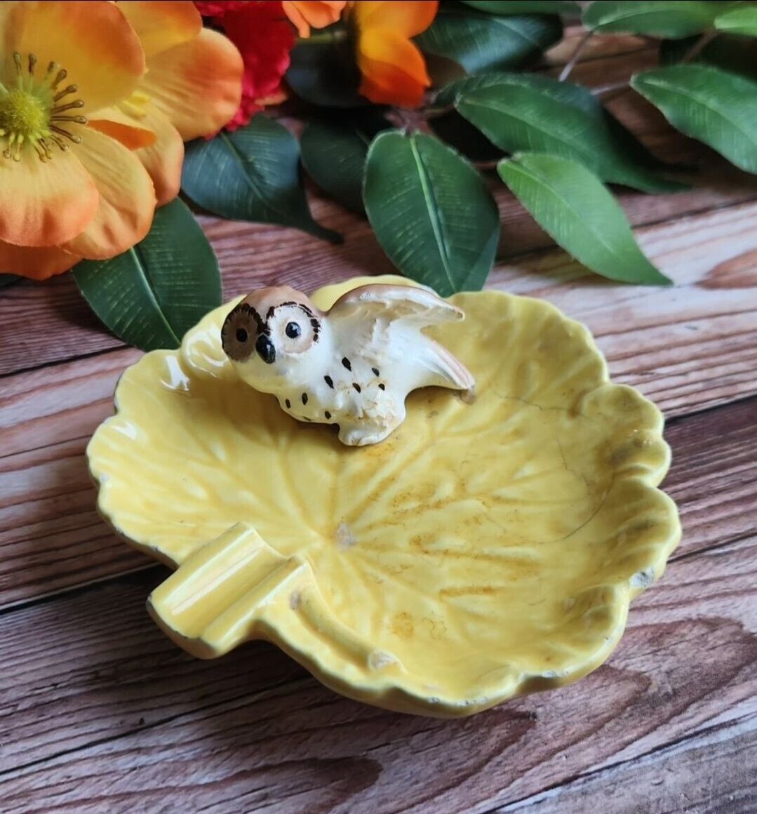 Vintage Little Owl on Yellow Leaf Ashtray- Trinket Change Dish Soap Retro